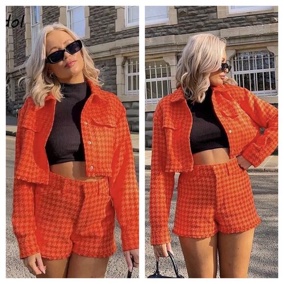Zara Orange Houndstooth Matching Set Crop Jacket Shorts Small Tweed Co-ord - Picture 13 of 13
